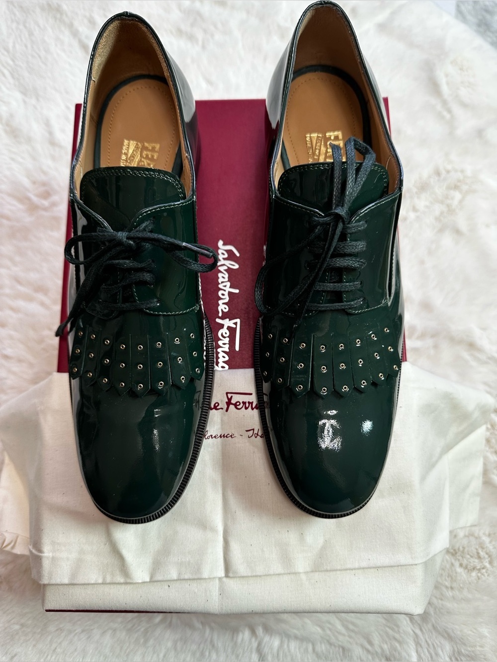 Salvatore Ferragamo Dark Green Patent Leather Oxfords